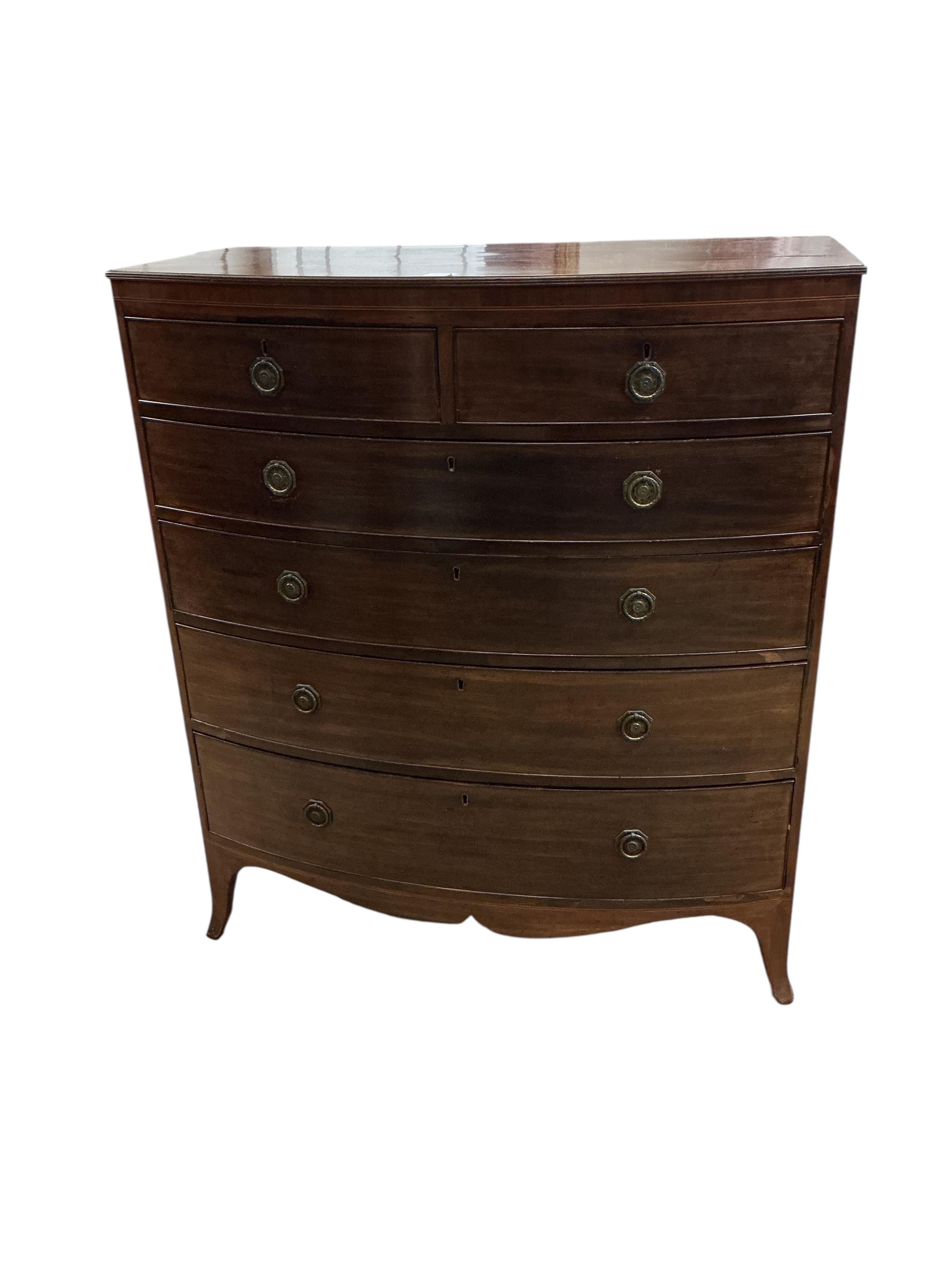 A Regency mahogany bow fronted chest, fitted two short and four long graduated drawers, width 106cm, depth 56cm, height 122cm
